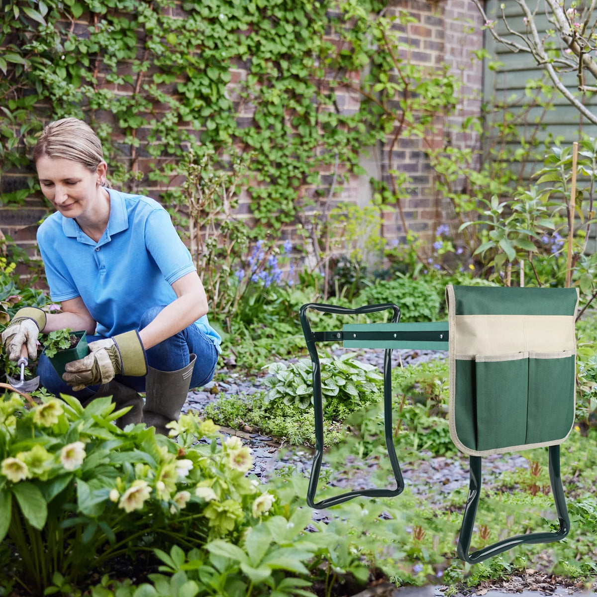 Folding Garden Kneeler Seat Bench with Stool Pouch I373797