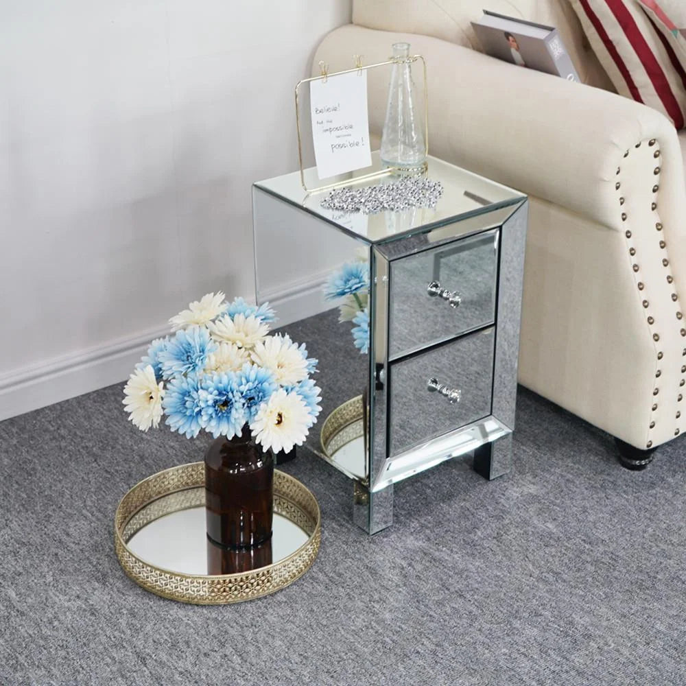 Mirrored Glass Bedside Table with Two Drawers W403