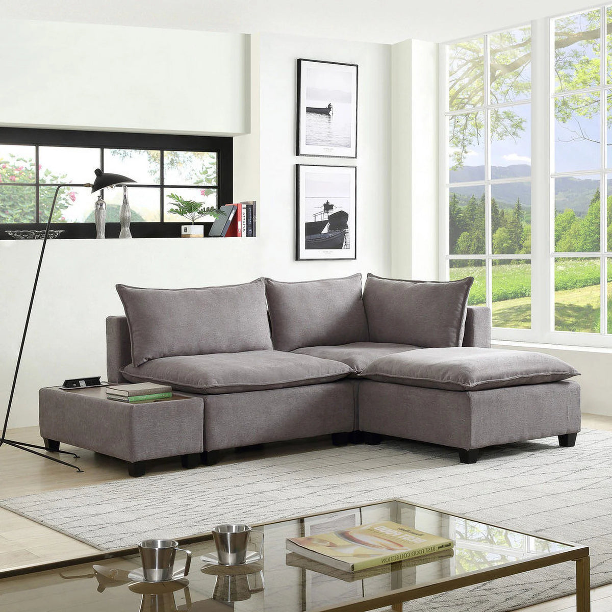 Light Gray Fabric Sectional Loveseat Ottoman R24800