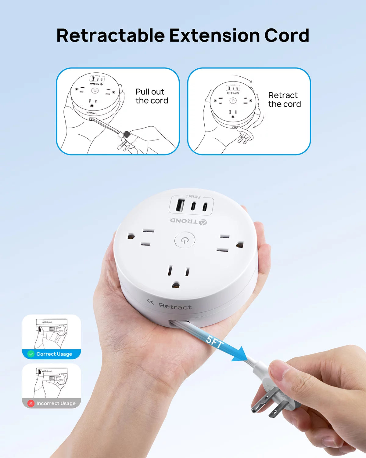 Travel Power Strip with USB C Ports, 3 AC Outlets, 5ft Extension Cord R77378