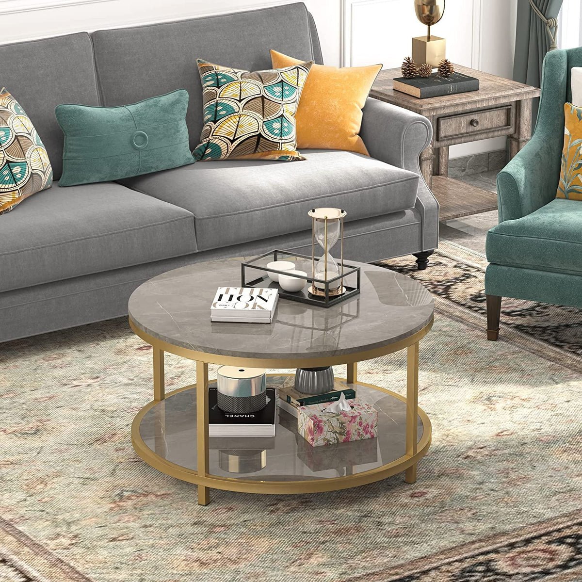 Round Coffee Table with Storage Open Shelf U902294