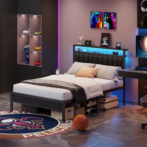 Full Size Bed Frame with Charging Station and LED Lights Y488