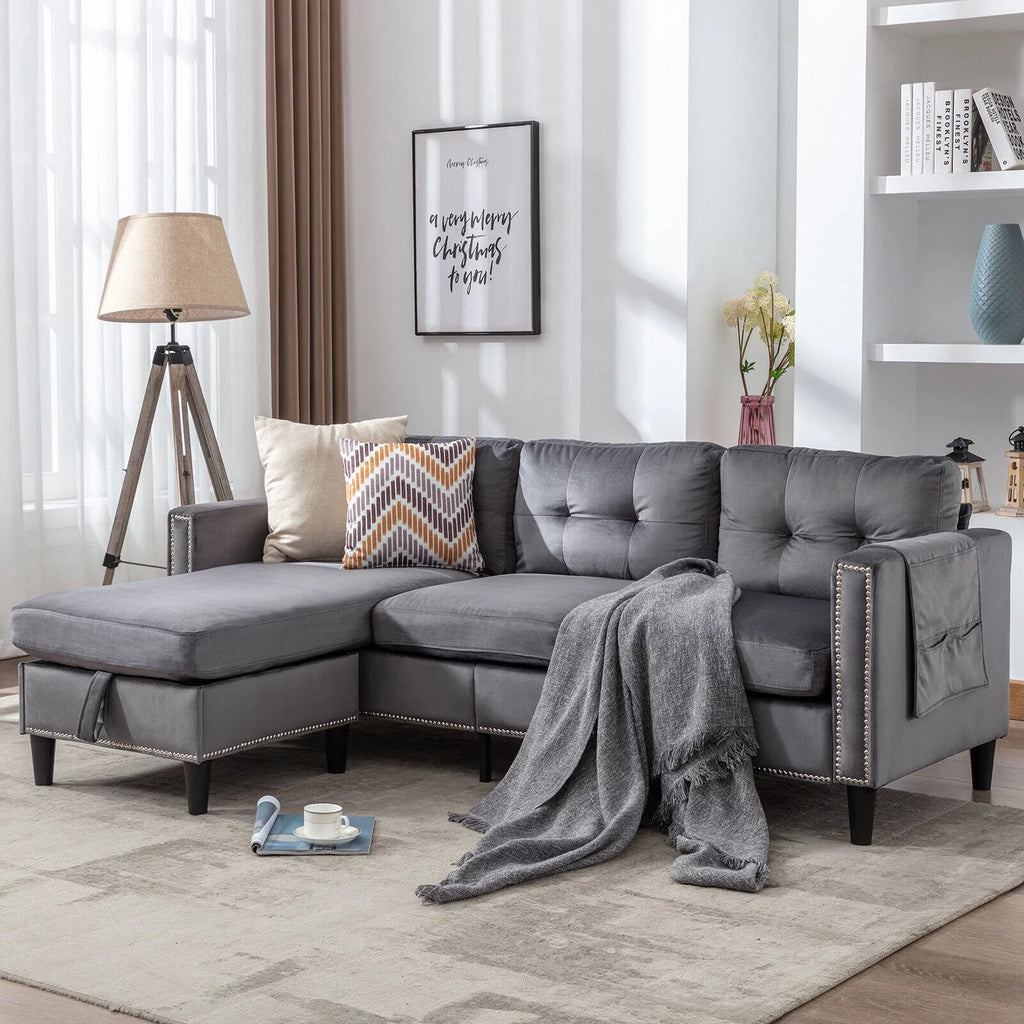 78" Gray Velvet L Shaped Sectional Sofa with Ottoman T598681