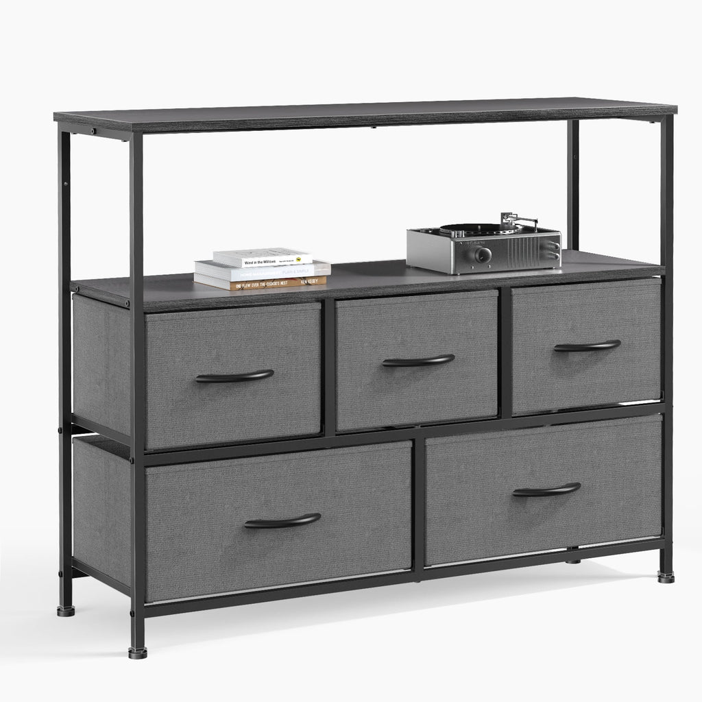 Gray 5 Drawer Fabric Dresser with Wood Shelves G410