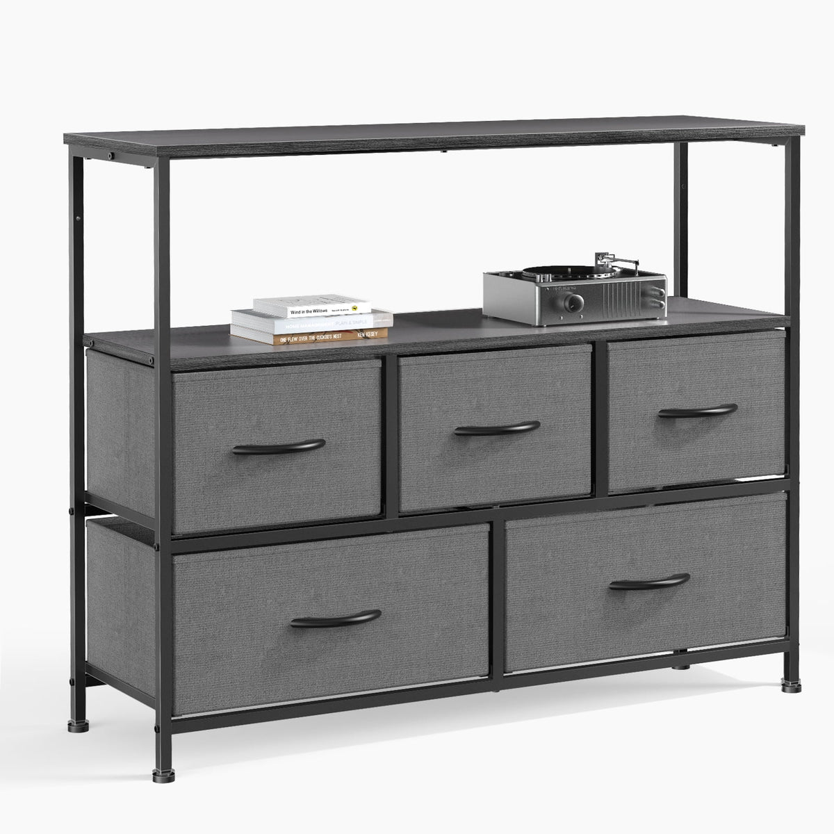Gray 5 Drawer Fabric Dresser with Wood Shelves G410