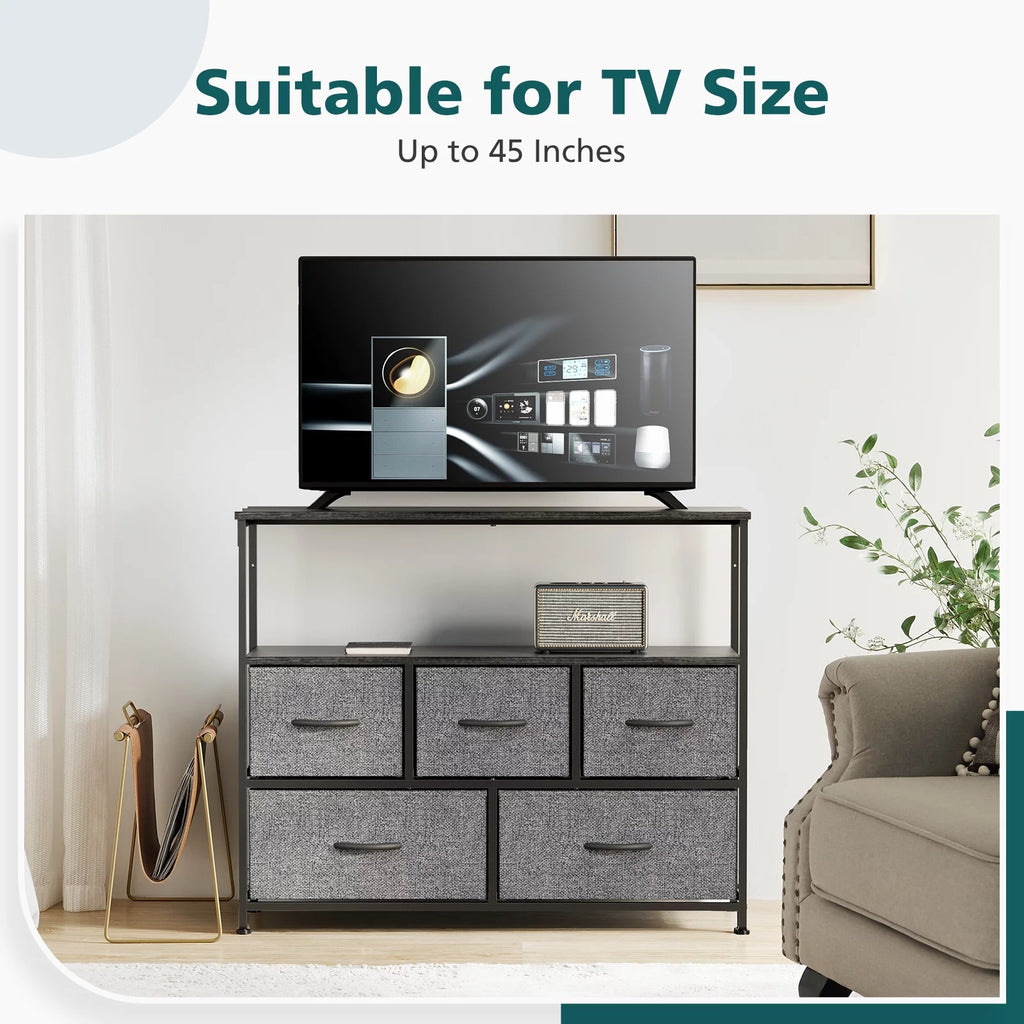 Gray 5 Drawer Fabric Dresser with Wood Shelves G410