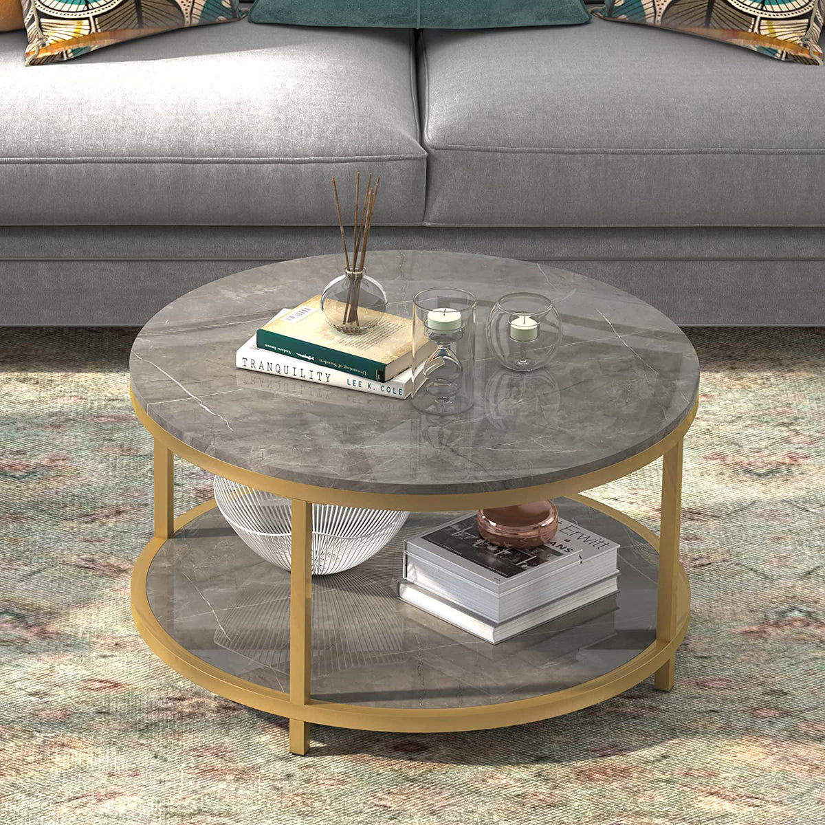Round Coffee Table with Storage Open Shelf U902294
