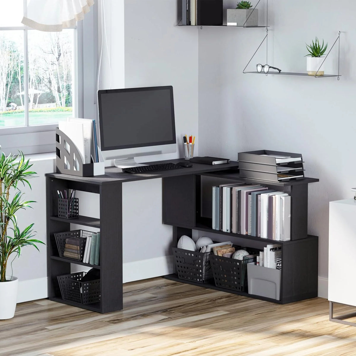 L Shaped Corner Desk with Storage Shelves, Black R284