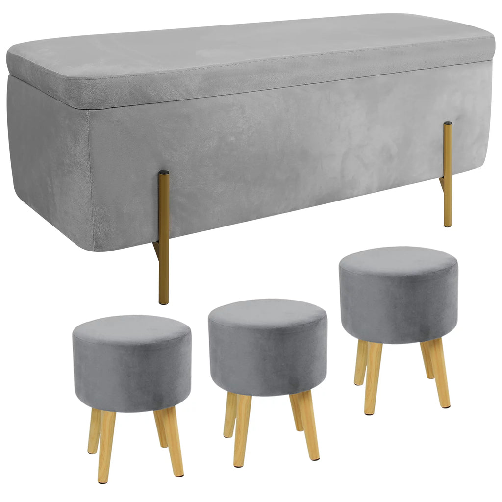Velvet Storage Ottoman Bench with 3 Footstools N89343