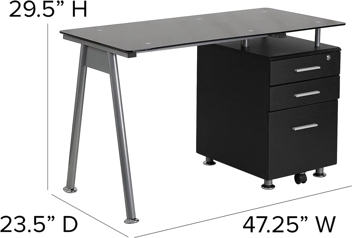 Black Glass Computer Desk with Three Drawer Pedestal I61840