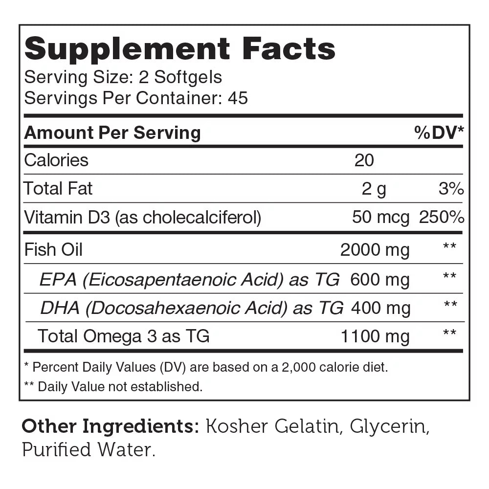 Omega 3 Fish Oil + Vitamin D3 2,000 mg 90 Softgels S665534