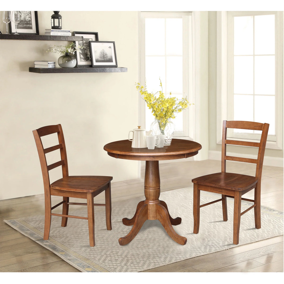 30'' Round Solid Wood Pedestal Dining Table with 2 Ladder Back Chairs H626