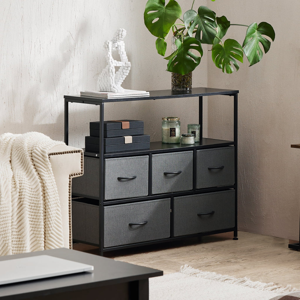 Gray 5 Drawer Fabric Dresser with Wood Shelves G410