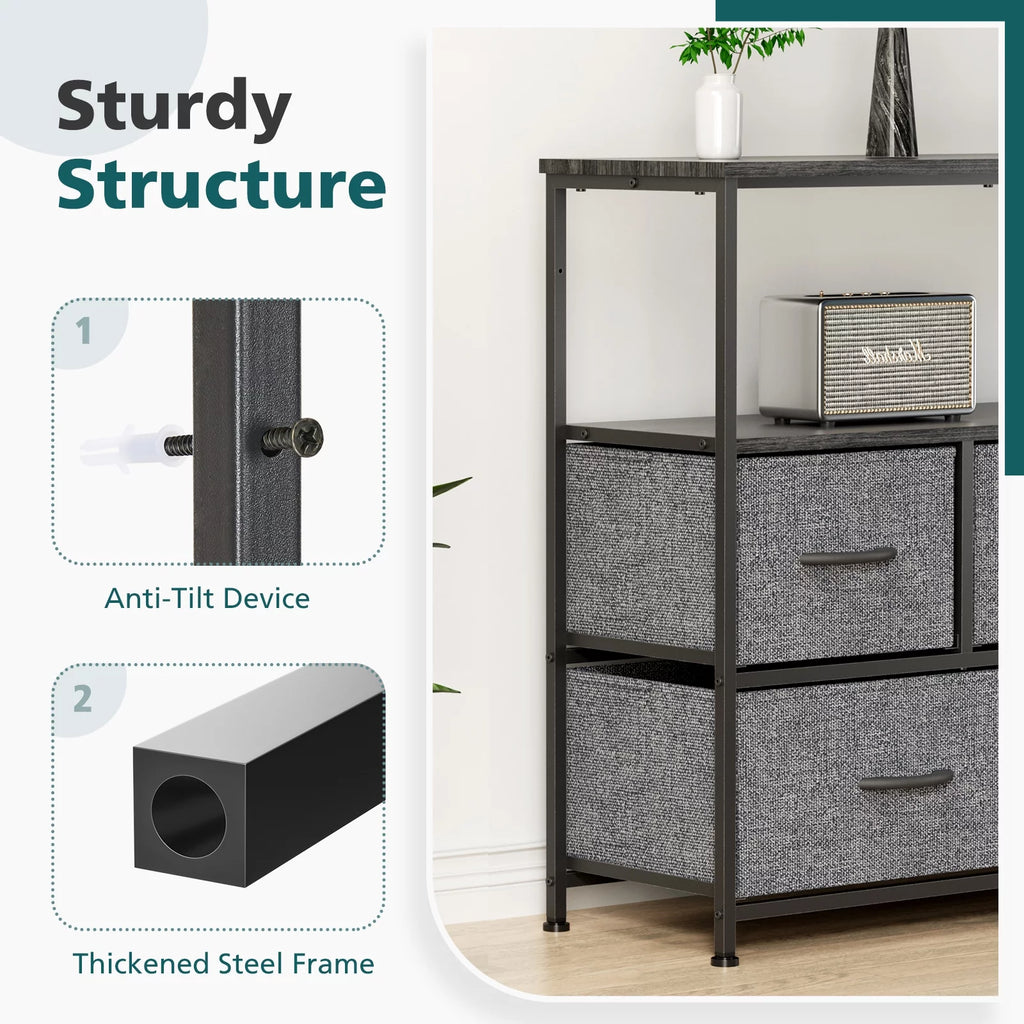 Gray 5 Drawer Fabric Dresser with Wood Shelves G410