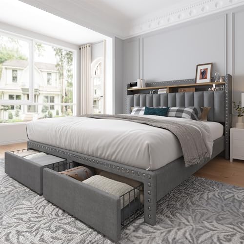 King Size Upholstered Platform Bed Frame with Storage Headboard and Drawers D23809