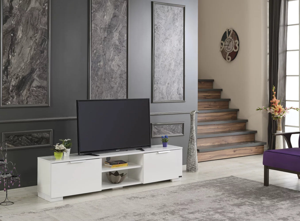 White Mid Century Tv Stand with Shelf H758