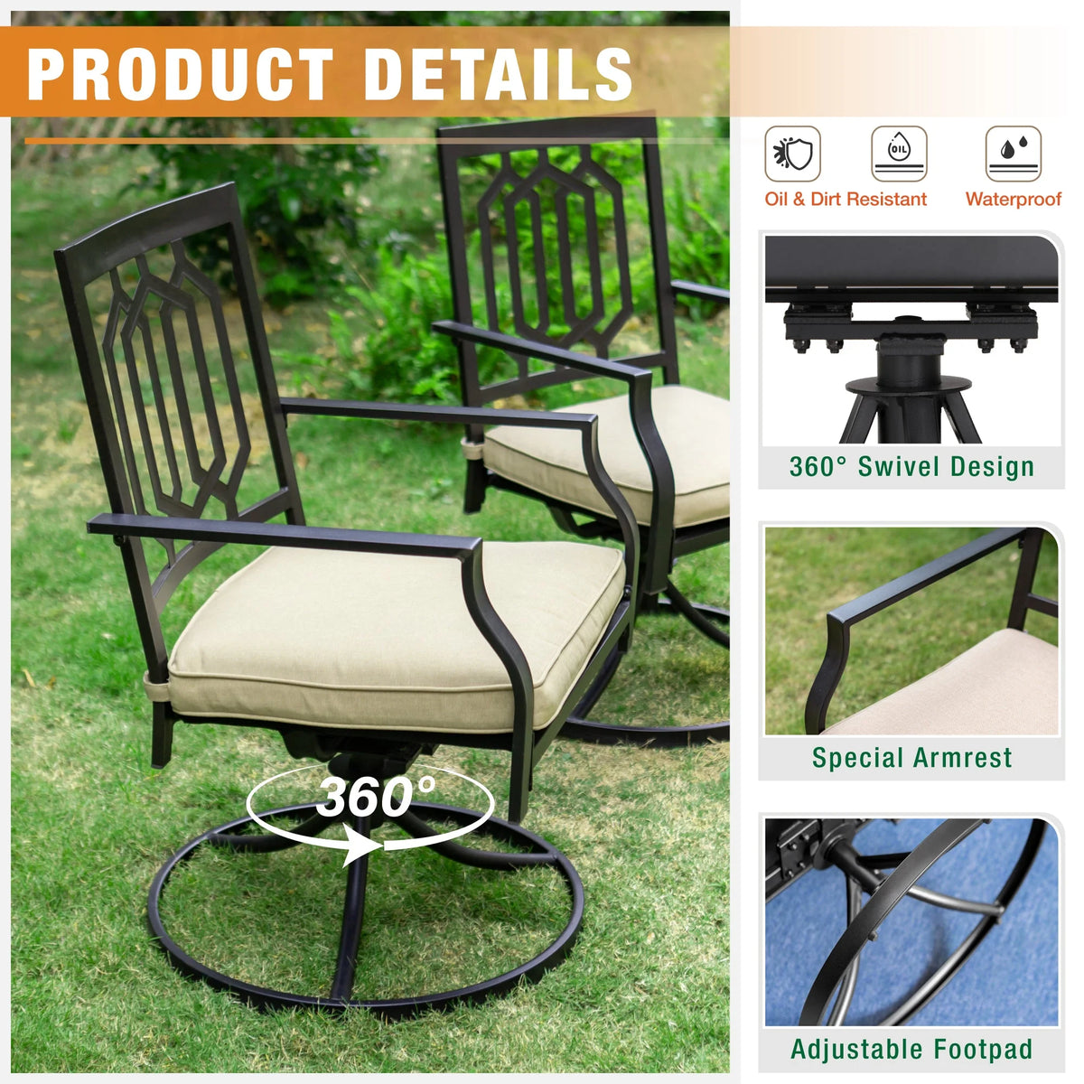 5 Pcs Metal Swivel Chairs and Teak Wood Table Set A6263