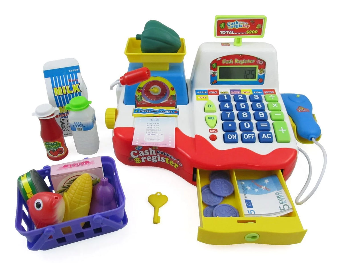 Cash Register with Checkout Scanner, Weight Scale, Microphone, Calculator, Play Money and Food Shopping Playset V531950