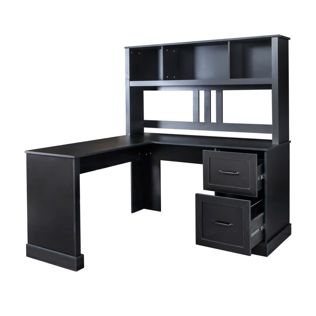Antiqued Black Wood Study Table with Bookshelf Y920557