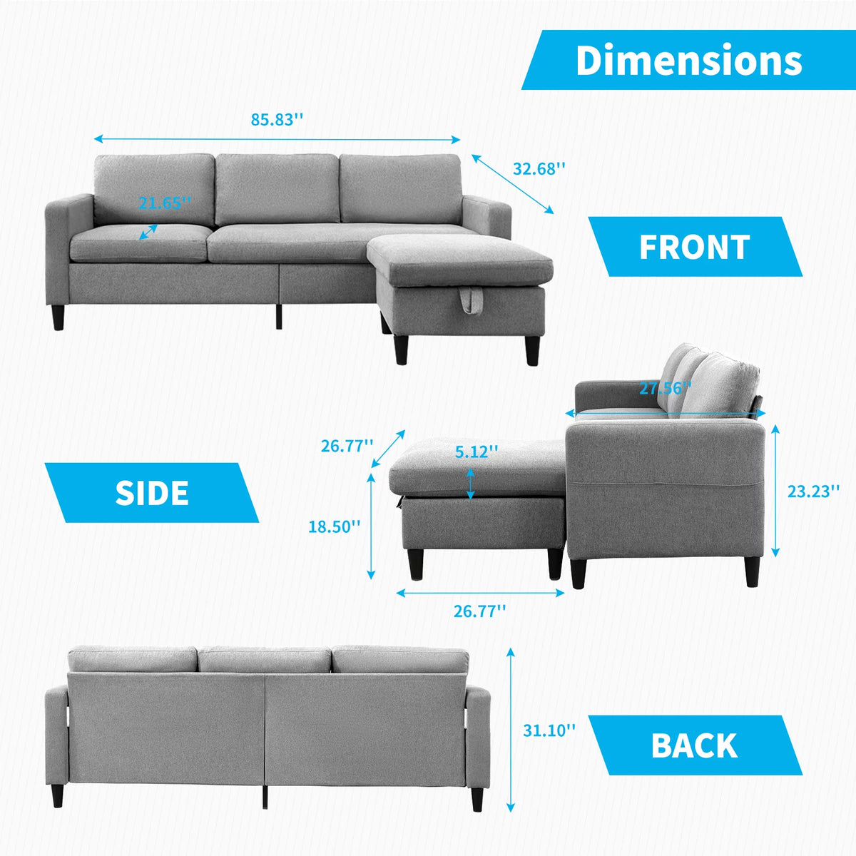 Light Gray L-Shaped Sectional Sofa with Storage Ottoman V321365