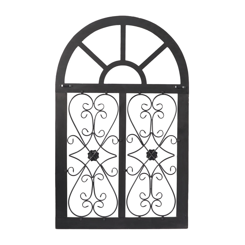 White Wood Arched Window Wall Decor with Metal Scrollwork K4641