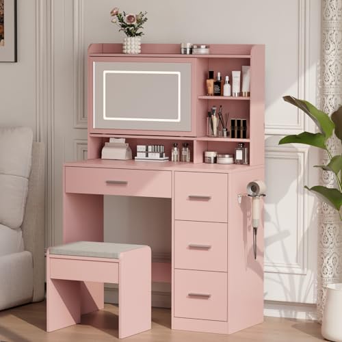 White Vanity Desk with Mirror and Chair X4497