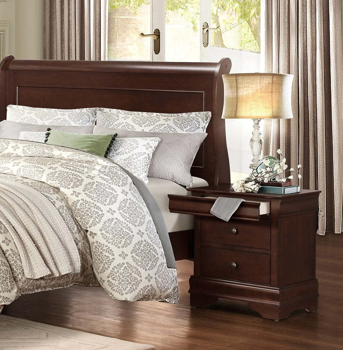 4pc Eastern King Sleigh Bed Nightstand Dresser Mirror Brown Cherry Finish P2903