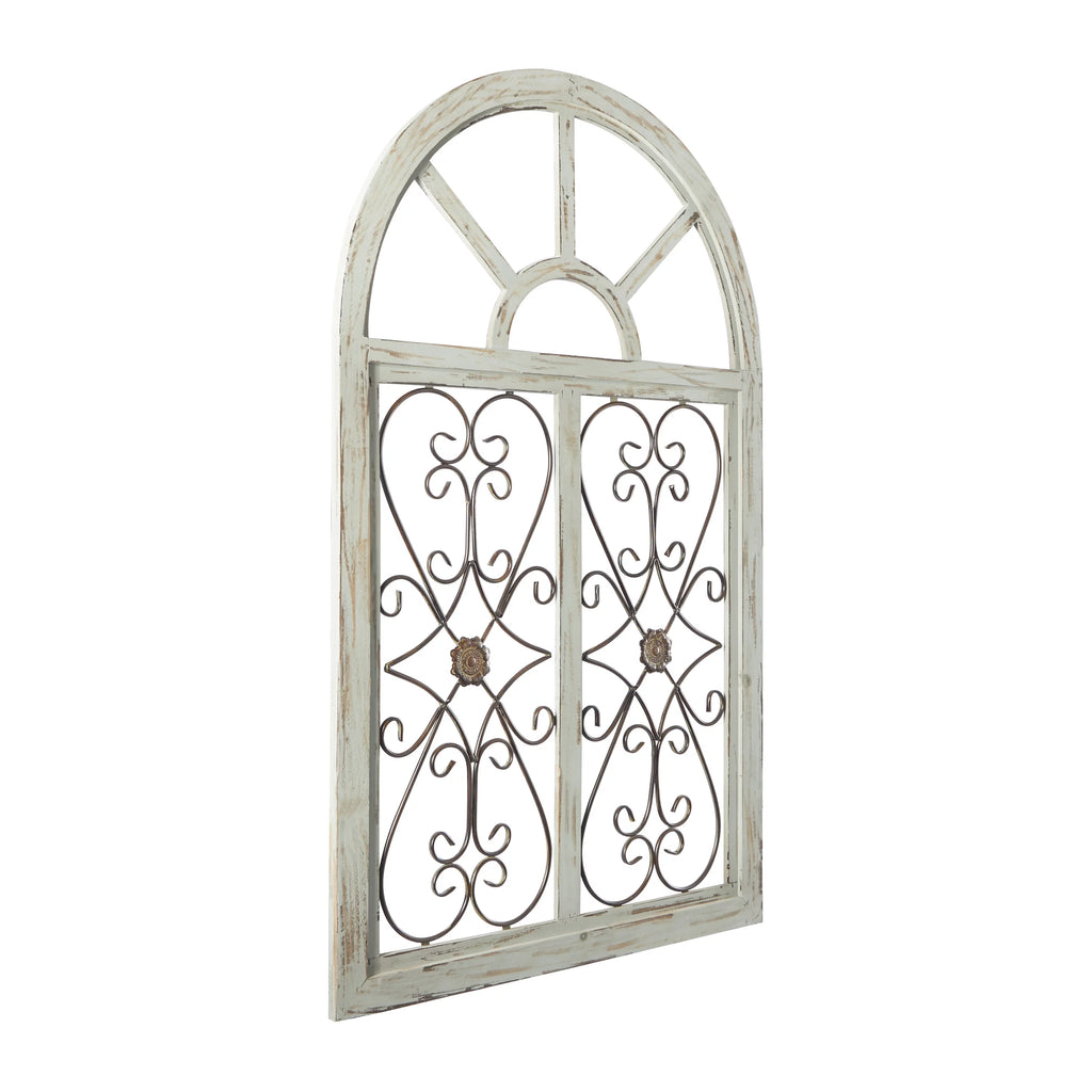White Wood Arched Window Wall Decor with Metal Scrollwork K4641