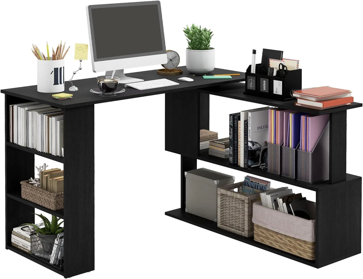 L Shaped Corner Desk with Storage Shelves, Black R284