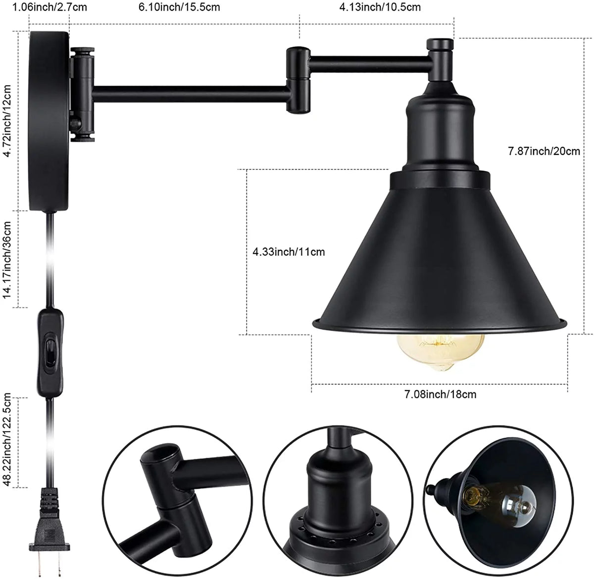 Set of 2 Black Swing Arm Wall Light Fixtures S7277