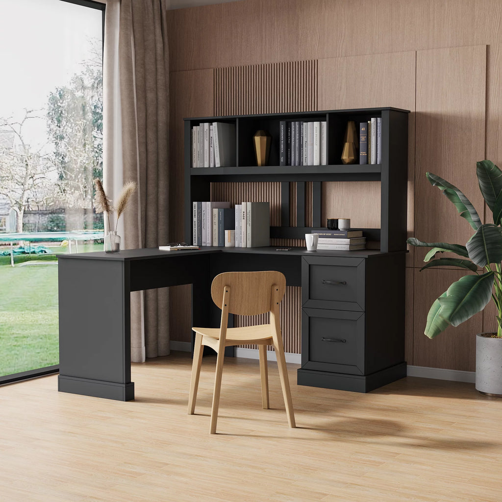 Antiqued Black Wood Study Table with Bookshelf Y920557