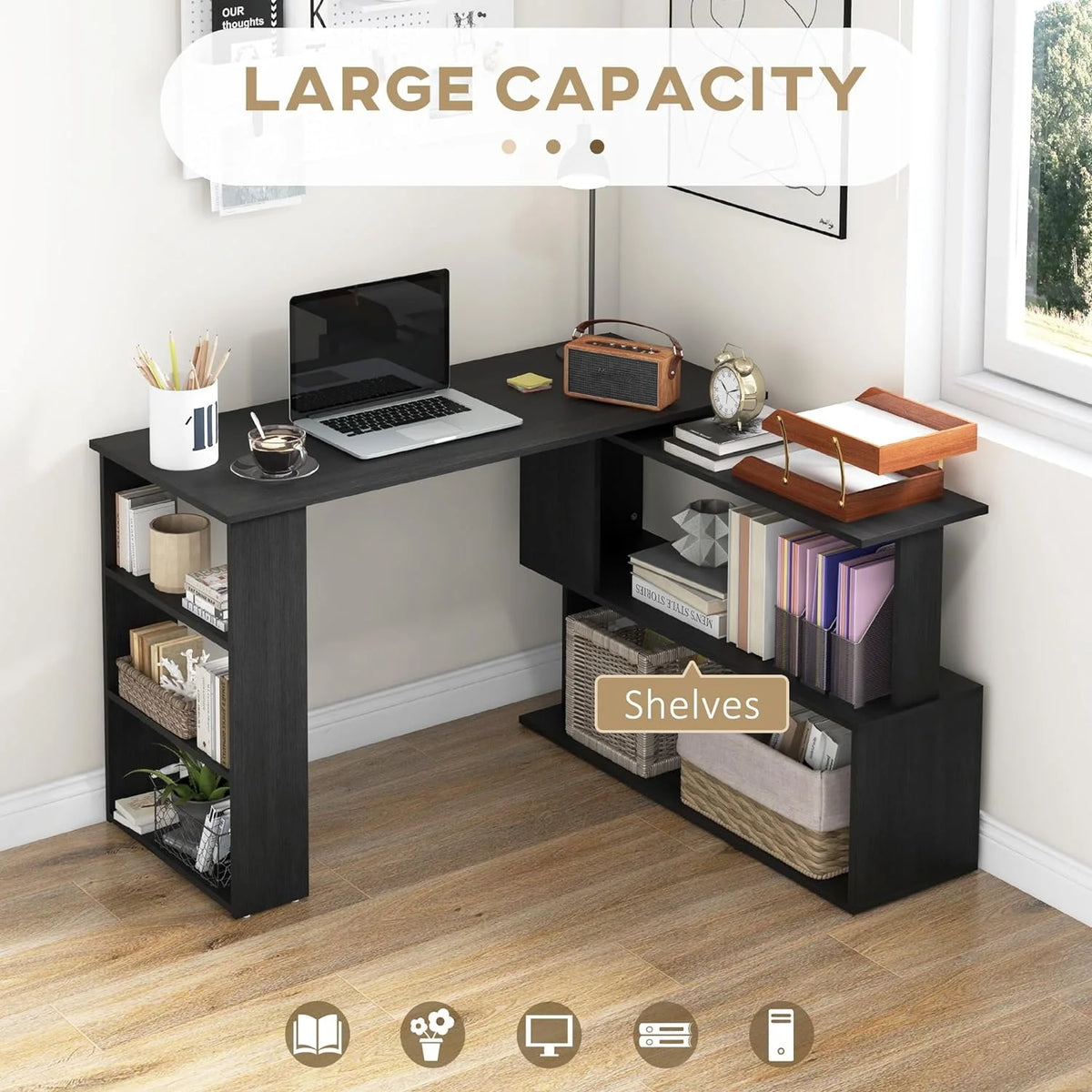 L Shaped Corner Desk with Storage Shelves, Black R284