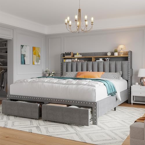 King Size Upholstered Platform Bed Frame with Storage Headboard and Drawers D23809