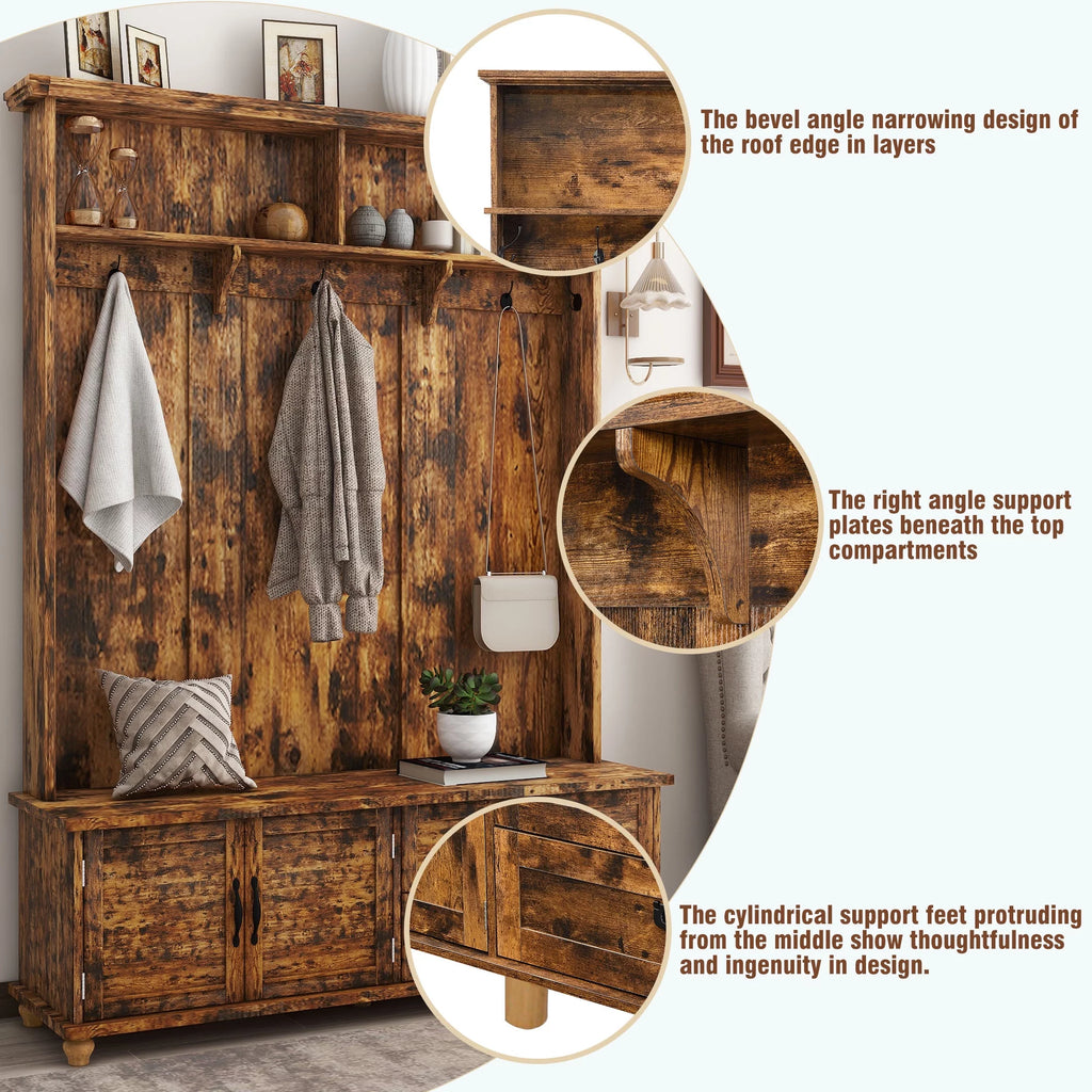 Rustic Brown Hall Tree with Storage Cabinet and 2 Drawers Q5985