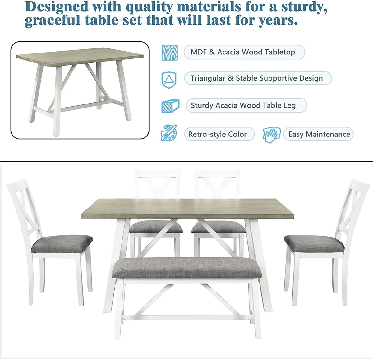 6 Piece White Gray Wood Dining Table Set with Bench and 4 Chairs F488084