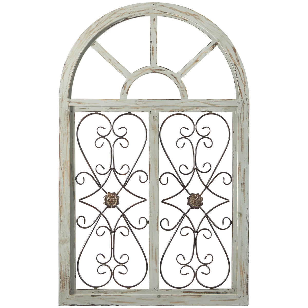 White Wood Arched Window Wall Decor with Metal Scrollwork K4641