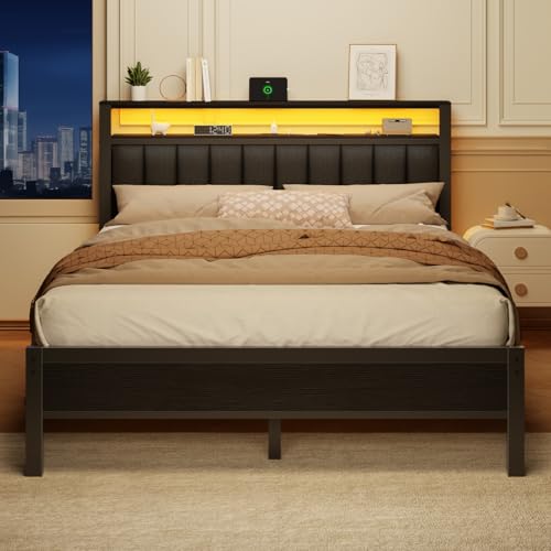 Full Size Bed Frame with Charging Station and LED Lights Y488