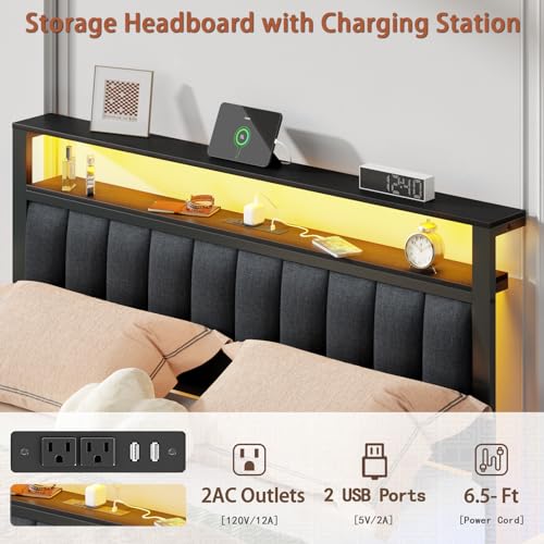 Full Size Bed Frame with Charging Station and LED Lights Y488