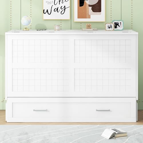 Queen Size White Wood Murphy Bed with Closet and Storage Drawers B1619