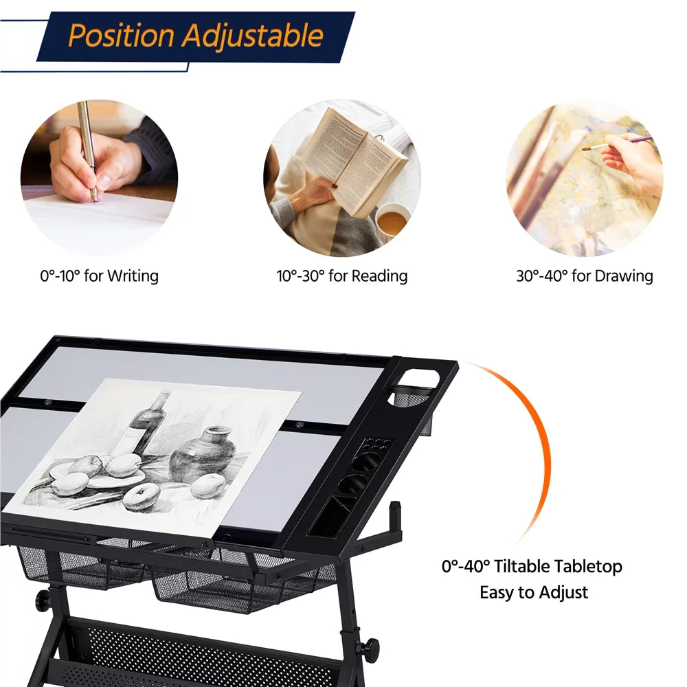 Black Adjustable Glass Top Drafting Table with Stool Q6208