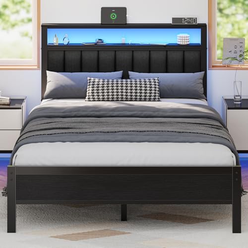 Full Size Bed Frame with Charging Station and LED Lights Y488