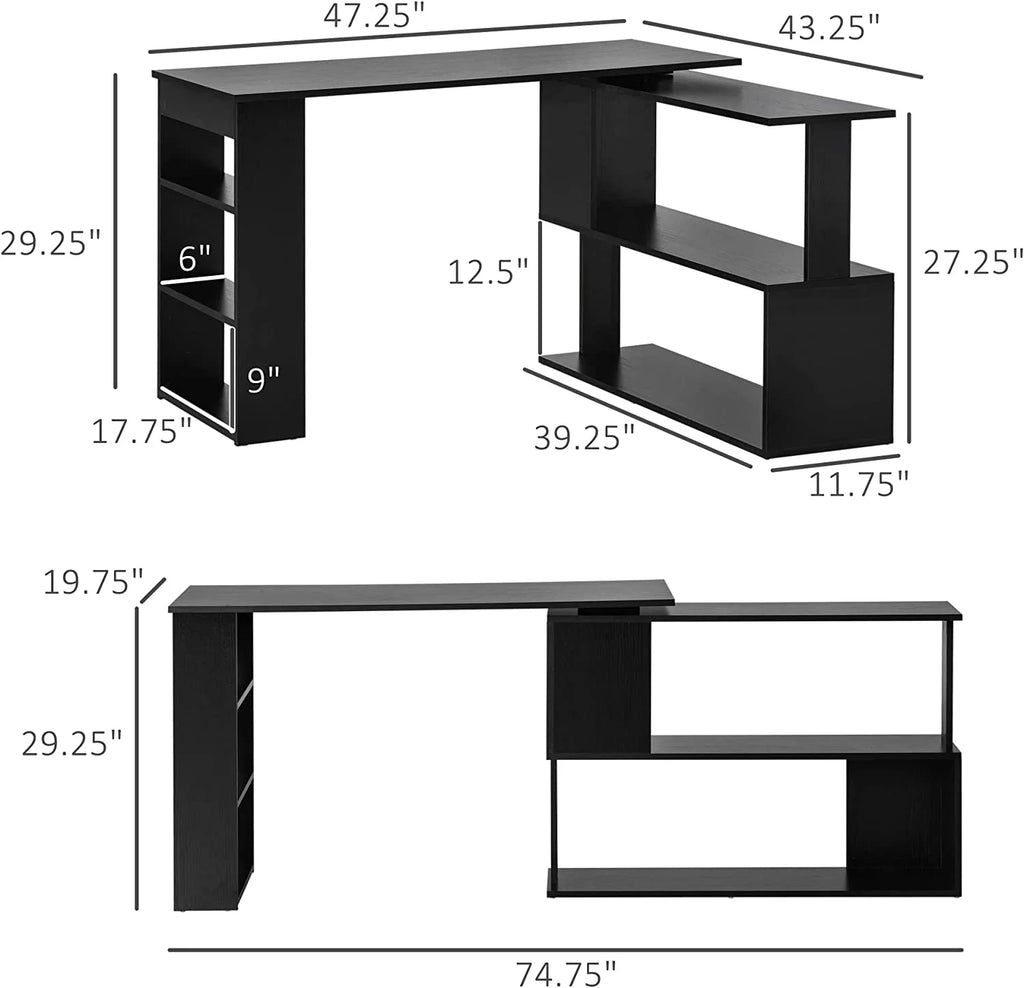 L Shaped Corner Desk with Storage Shelves, Black R284