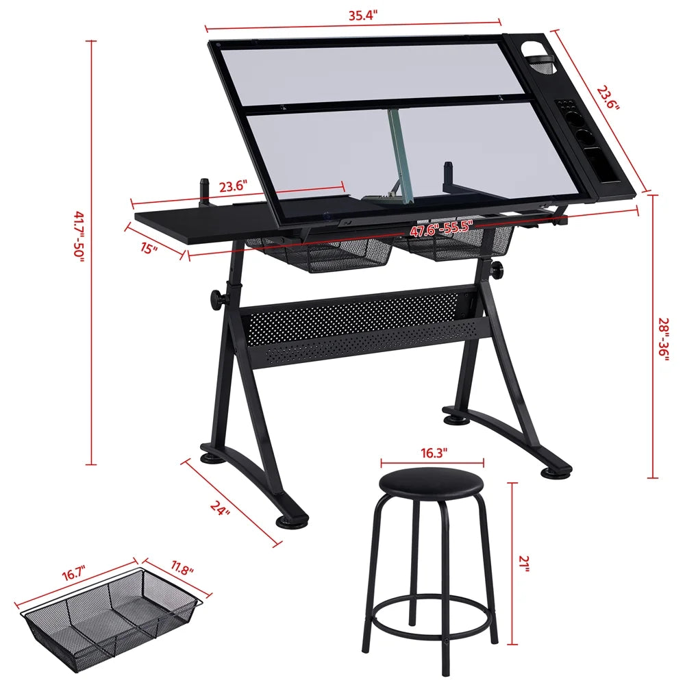 Black Adjustable Glass Top Drafting Table with Stool Q6208