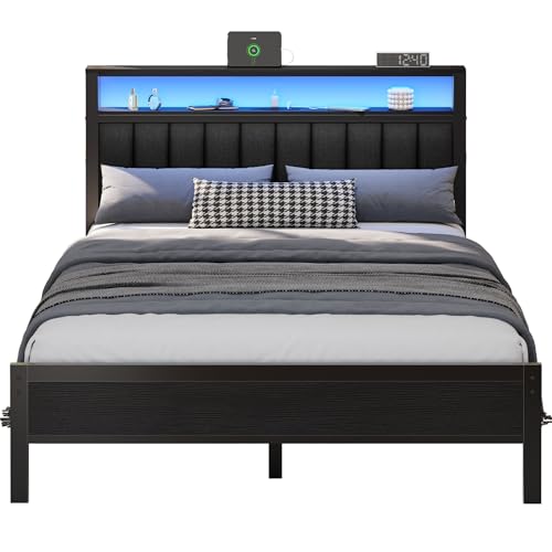 Full Size Bed Frame with Charging Station and LED Lights Y488