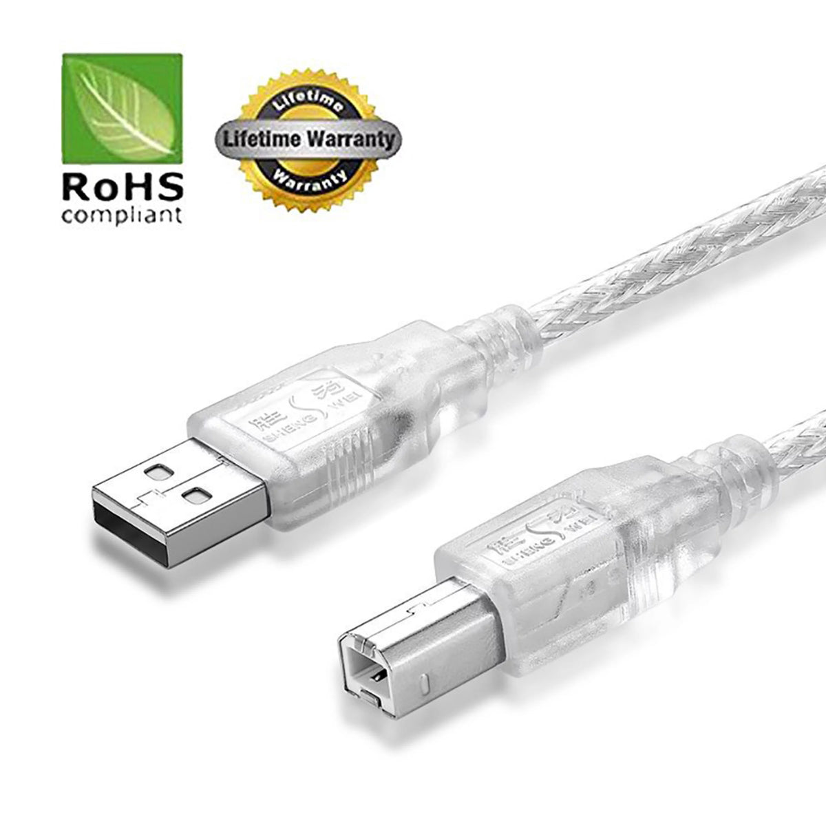 USB 2.0 Cable A-Male to B-Male 10 FT 10 PACK CLEAR Y12023
