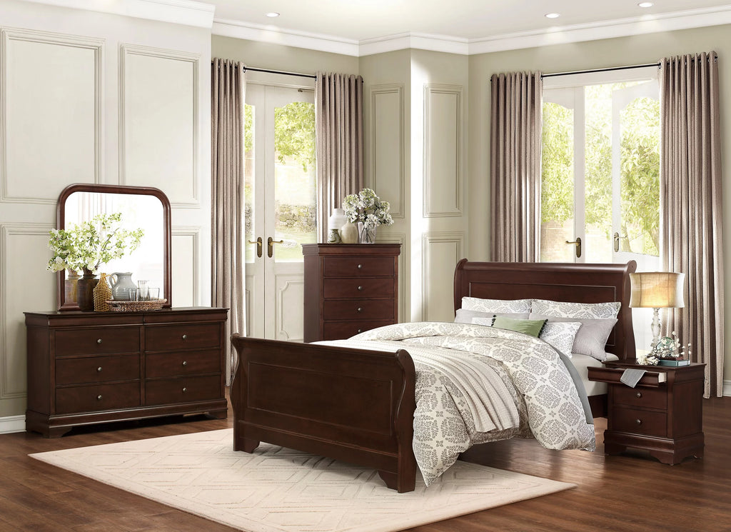 4pc Eastern King Sleigh Bed Nightstand Dresser Mirror Brown Cherry Finish P2903