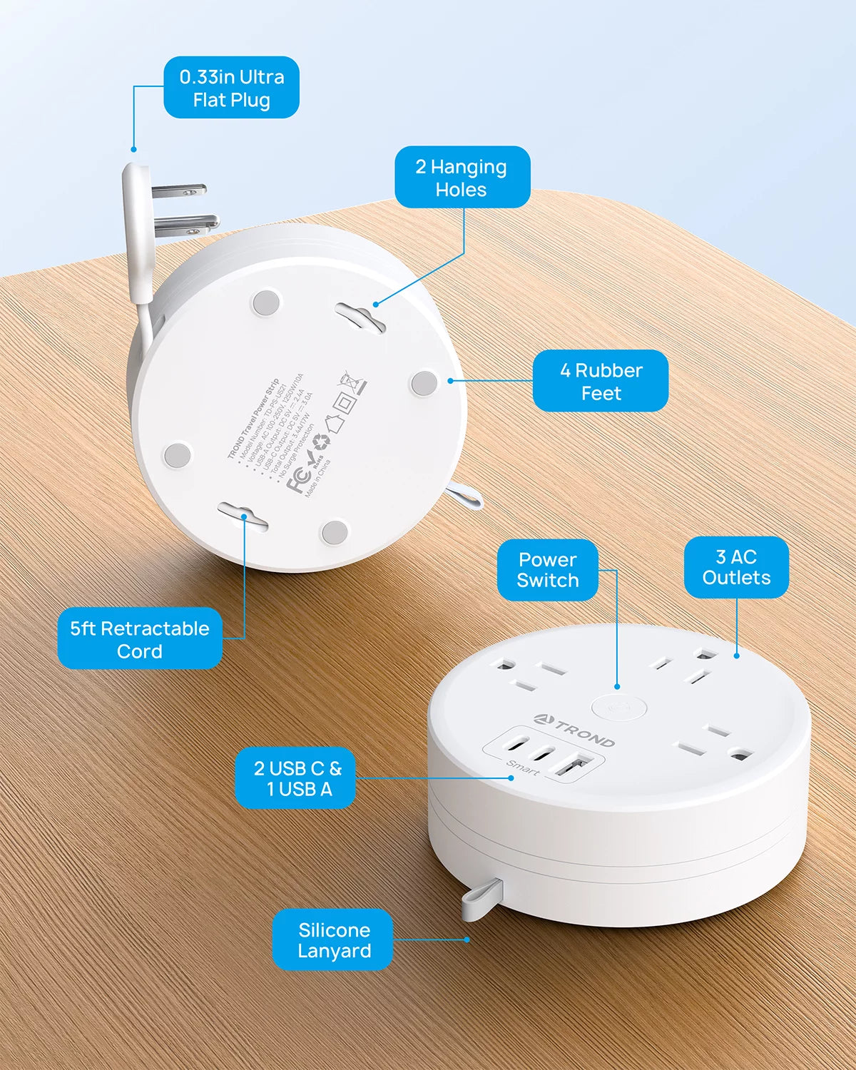 Travel Power Strip with USB C Ports, 3 AC Outlets, 5ft Extension Cord R77378