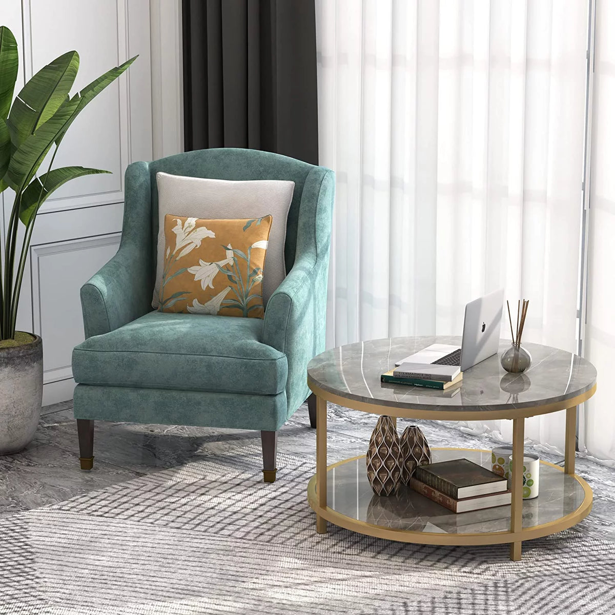 Round Coffee Table with Storage Open Shelf U902294