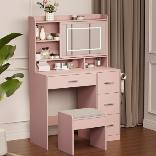 White Vanity Desk with Mirror and Chair X4497