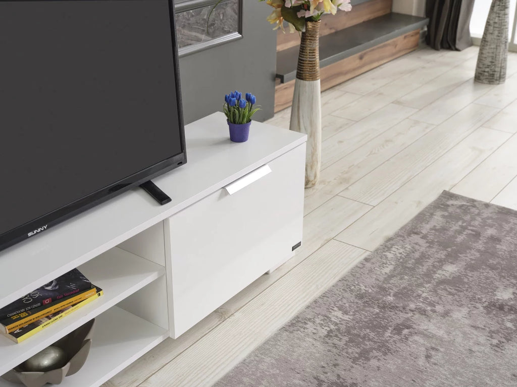 White Mid Century Tv Stand with Shelf H758